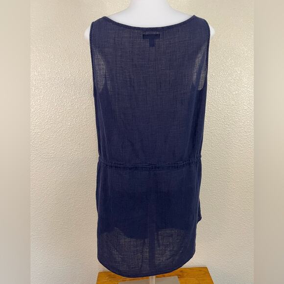 J Crew M Navy Blue Scoop Neck Sleeveless Dress Textured Cotton Cinch Waist - Picture 2 of 4
